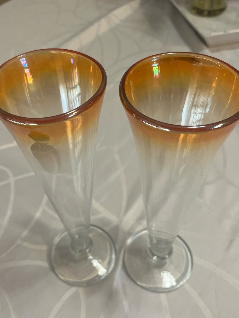 Rick Strini Set of 2 Amber-Rimmed Champagne Flutes Rare
